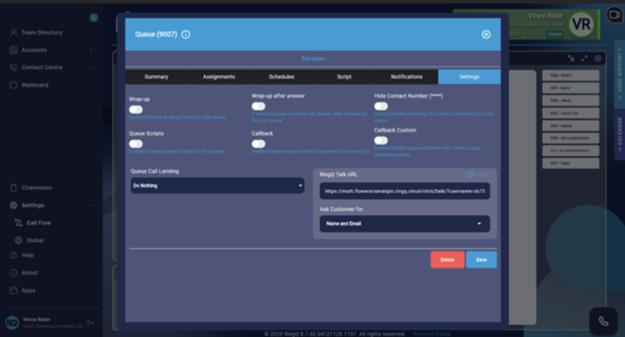 Select the call landing feature in RingQ